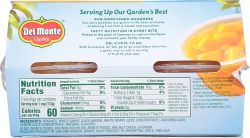 DEL MONTE DICED PEACHES IN 100% JUICE, 4OZ (4 CUPS) FRUIT CUP SNACKS