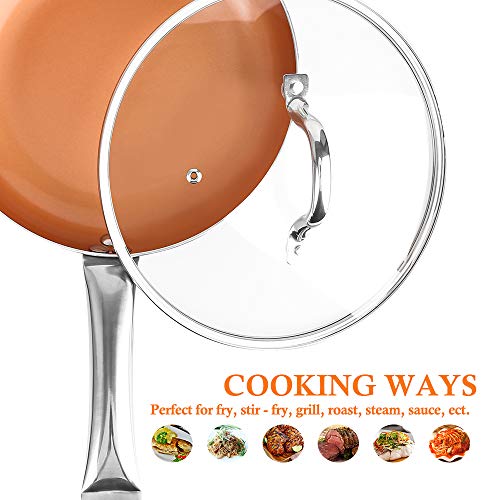 SHINEURI 9.5 inch Copper Fry Pan with Lid, Nonstick Ceramic Skillet for Stir fry, Saute Pan with Stainless Steel Steamer handle for Induction, Gas, Electric & Stovetops, Perfect for 2-3 Person Meal
