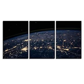 3 Piece Canvas Wall Art - Planet Earth from The Space at Night - Modern Home Art Stretched and Framed Ready to Hang - 16"x24"x3 Panels