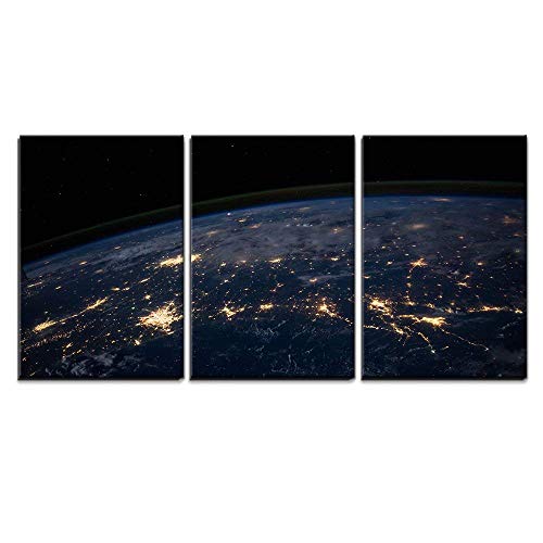 wall26 - 3 Piece Canvas Wall Art - Planet Earth from The Space at Night - Modern Home Art Stretched and Framed Ready to Hang - 16"x24"x3 Panels