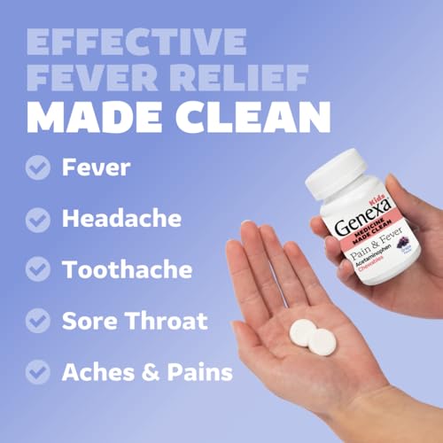 Genexa Kids’ Clean Pain & Fever Acetaminophen Chewables, Dye Free, 0% Artificial Additives, Delicious Grape Flavor, Chewable Medicine for Children 2-11, 80 mg per Tablet, 24ct