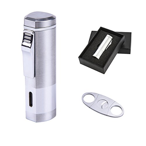 BS Cigar Cutter and Lighter Set, Cigar Punch Lighter Triple Jet Flame Butane Cigarette Torch Lighter (Silver)