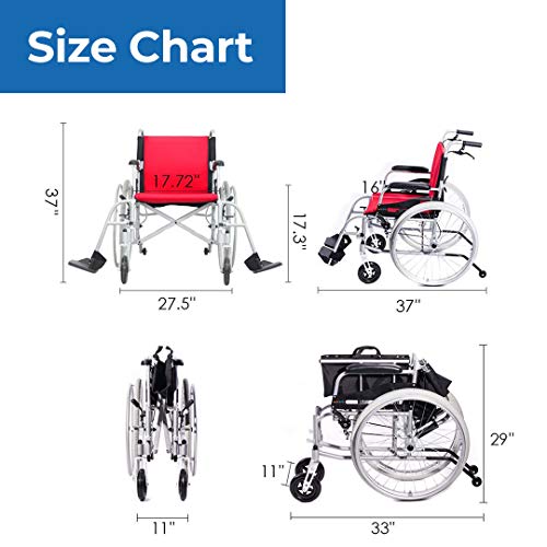Hi-Fortune Wheelchair 21lbs Lightweight Self-propelled Chair with Travel Bag and Cushion, Portable and Folding with Magnesium Alloy, 17.5" Seat, Red, 21lbs