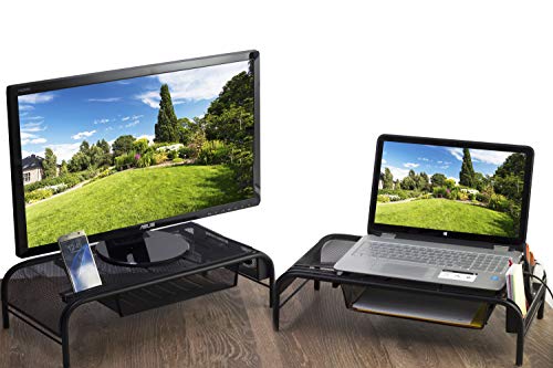 Monitor Stand Riser, Mesh Metal Desktop for Computer/Laptop TV Printer with Pull Out Drawer. New Design with Two Cellphone Slots. Two Compartments for Storage Organizer [Upgraded] by House Ur Home - Thumbnail 6