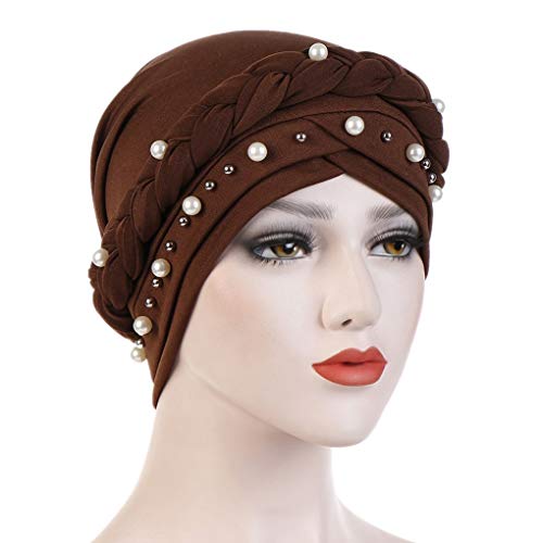 Fxhixiy Women Hijab Beading Pearl Braid Turban Hat Head Scarf Cancer Chemo Beanies Bandana Headwrap Cap (Brown)