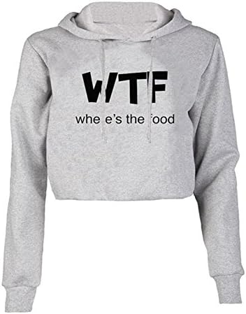 Women Crop Top Pullover Hoodie WTF WHERE'S FOOD Letters Print Casual Sweatshirts,Gray