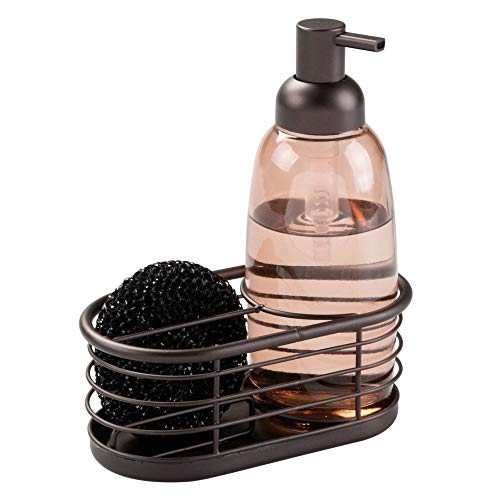 mDesign Modern Glass/Metal Kitchen Sink Countertop Liquid Hand Soap Dispenser Pump Bottle Caddy with Storage Compartments - Includes Scrubber - Holds Sponges, Scrubbers and Brushes - Sand Brown/Bronze