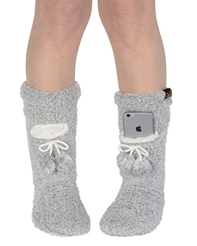 Womens Grey Marled Slipper Socks Soft Fleece Fuzzy Iphone Pocket Sizes: Small-Medium
