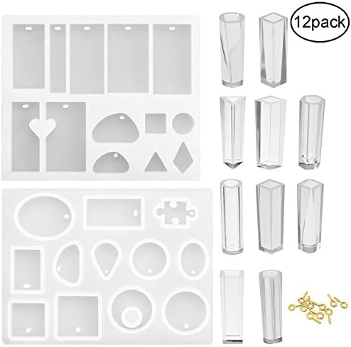 12 Pack Jewelry Casting Molds by UniqCollection, Silicone Resin Jewelry Molds with Hanging Hole for DIY Jewelry Craft Making Necklace Pendant, Includes 10PCS Screw Eye Pins