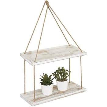 MyGift 2-Tier Whitewashed Wood Hanging Swing Rope Shelves