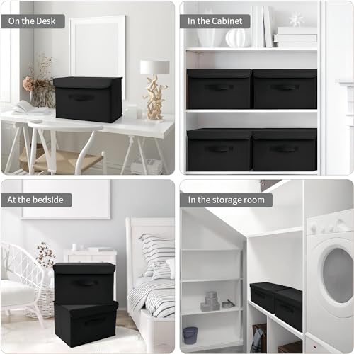 Homsorout Foldable Storage Boxes with Lids - Wardrobe Organiser Bin with Handle Fabric Basket Containers for Clothes, Book, Shelf, Office, Large x2-23.75L, Black