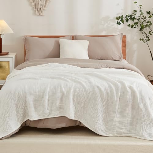 EMME Musselin-Decke 305x240 Baumwolle Oeko-TEX Erwachsene Tagesdecke,Weiß