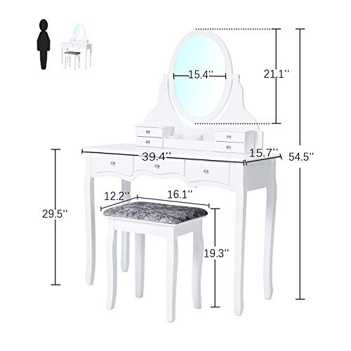 Tiptiper Vanity Table with 7 Drawers and 1 Movable Storage Box, Makeup Vanity Set with Mirror