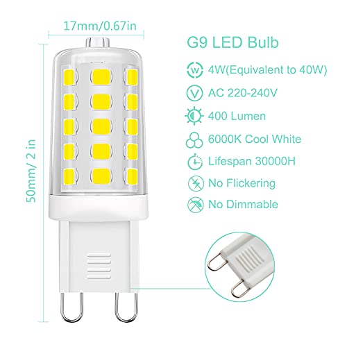 Anmossi Lampadine LED G9,Bianco Fredda 6000K,400 Lumen,Lampadina LED 4W,Equivalente Lampada Alogena 40W,AC 220-240V,Angolo a Fascio 360 °,Non Dimmerabile,5 Pezzi
