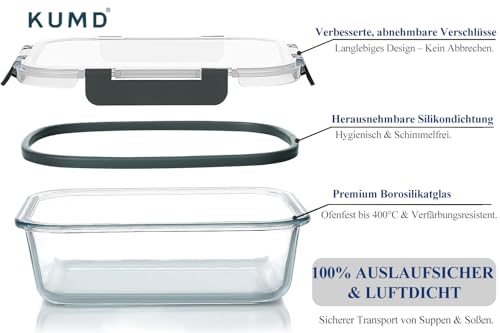 KUMD Glass Storage Jars with Lid, Set of 5 (10 Pieces) 1040 ml Borosilicate Glass Food Storage Containers for Microwave & Meal Prep - Rectangular Lunch Box, Oven-Safe, Leak-Proof