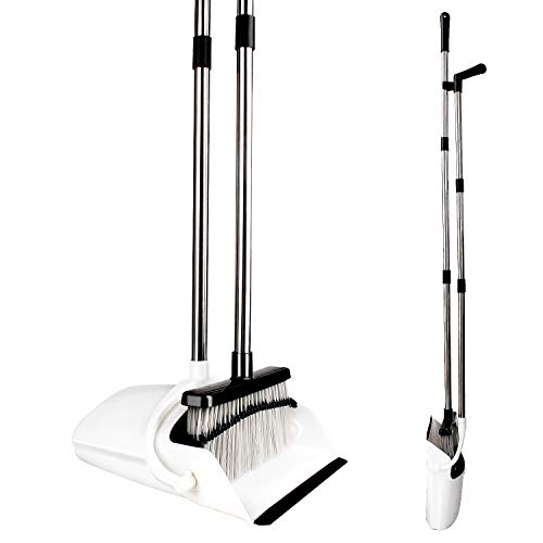 Broom and Dustpan [2019 Version] Tiumso Dust pan Broom Set with Upgrade Combo and Sturdiest Extendable Long Handle,4 Layers Bristles,Upright Standing for Home, Office, Kitchen, Lobby (White) - Thumbnail 7