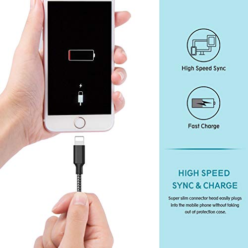 Lightning Cable, iPhone Charger Cables, 5Pack 2x3FT 2x6FT 10FT to USB Syncing Data and Nylon Braided Cord Charger for iPhone Xs Max, XR, X, 8, 7, Plus, 6, 6S, 6 Plus, 5, 5C, 5S, SE - Black - Thumbnail 2