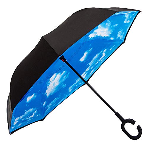 ReFaXi C-Handle Parasol Folding Rain Windproof Umbrella Double Layers Inverted Reverse (Blue Sky and White Clouds)