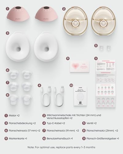 Nuliie JoyFlow Pro Portable Hands Free Breast Pump with Night Light & BPA-Free PPSU Collector, Electric Breast Pump with 4 Modes & 12 Levels, 24mm Nipple, 17/19/21mm Inserts, Pink (Pack of 2)