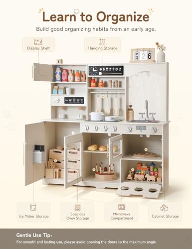besrey Play Kitchen for Kids, Wooden Kids Play Kitchen Playset with Real Lights & Sounds, Toddler Toy Kitchen with Fun Cookware Accessories, Pretend Play Kitchen Gift for Age 3+