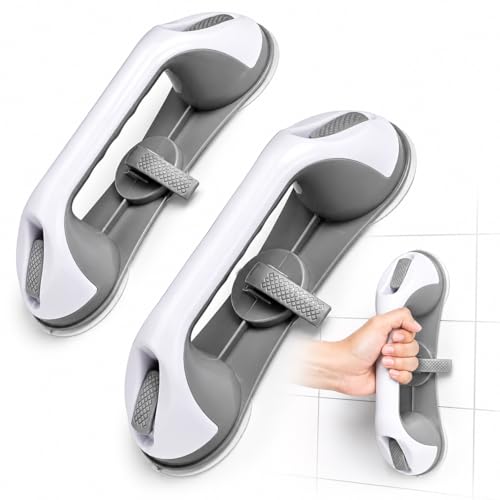 Mikogo Grab Bars for Bathtubs and Showers, 2 Pack No-Drill Suction Shower Handles with 3 Suction Cups, Removable Bathroom Safety Balance Bars for Seniors, Smooth Tile & Glass, Gray