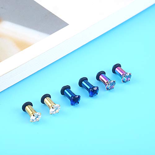 3Pairs Lightweight Ear Gauges Plugs Tunnels 6G/4mm 316L Stainless Steel Prong Setting Clear/Blue/Rainbow CZ Ear Stretcher Expander Plugs with Rubber O-Rings(C02:3Pairs(6G=4mm)) - Thumbnail 2