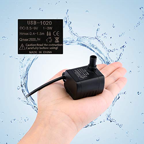 Useekoo Submersible Water Pump, 200L/H Small Water Pump for Fountain Aquarium Fish Pond Garden Hydroponic Brushless with 4.9ft USB Power Cord DC 3.5-9V 1-3W