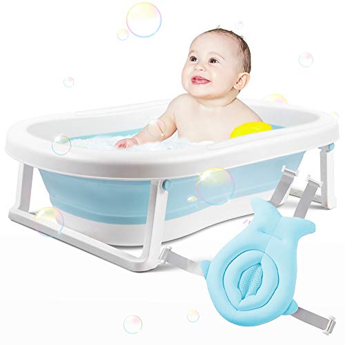 Baby Bathtub, Foldable Infant Bath Tubs with Cushion, Collapsible Comfort Tub for Newborns Toddler with Bathing Support
