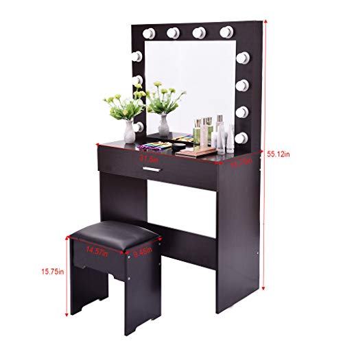 image for youeneom Vanity Set with Lighted Mirror, Wood Makeup Dressing Table wi