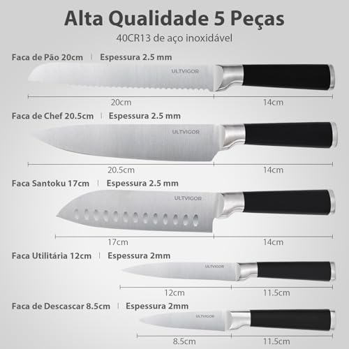 ULTVIGOR Conjunto de Facas 5 Peças, 4CR13 Aço Inoxidável Afiado e Durável, Cabo antiderrapante, Corte Preciso para Cozinhas Domésticas, Inclui Faca de Chef, Santoku, Preto