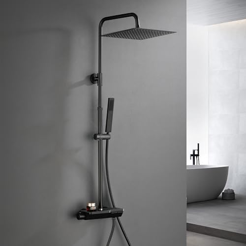 Görbach Regendusche Duschsystem mit Thermostat, Kopfbrause 30x30 cm Schwarz