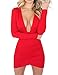 Haola Women's Deep V Neck Bodycon Dress Long Sleeve Backless Sexy Club Party Dresses L Red