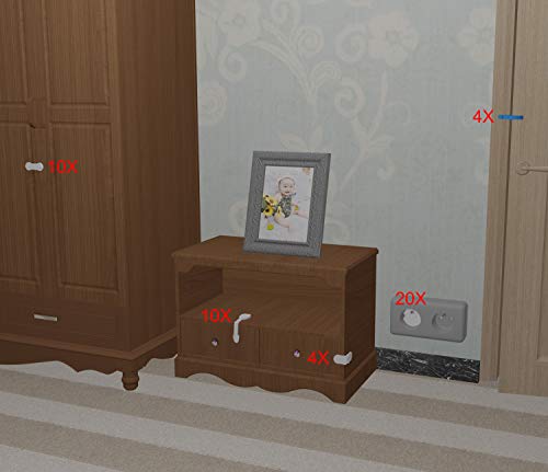 XinPei Kits de sécurité (48 pcs), 20x Norme FR Caches Prises + 10x Verrous de Tiroirs Ajustables + 10x Verrous de Placard + 4x Verrouillage Rectangle + 4x Bloque Porte Anti Pincement