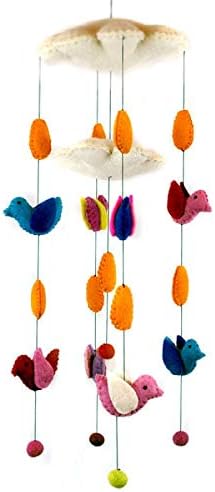 Multi-Colored Birds and Clouds Theme - Hanging Baby Nursery Decor Crib Mobile - Handmade !00% Natural Felted Wool (Orange)