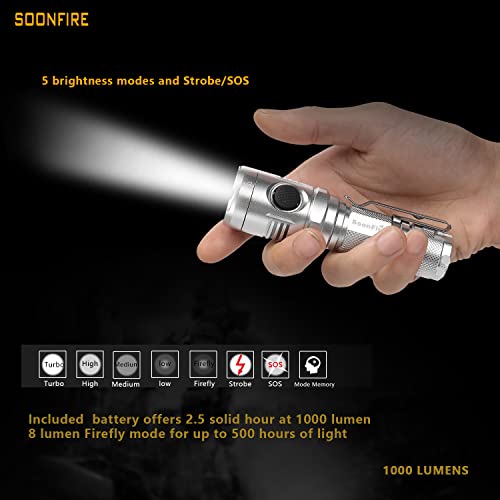 soonfire 1000 Lumens LED Flashlight, E11 USB Rechargeable Waterproof