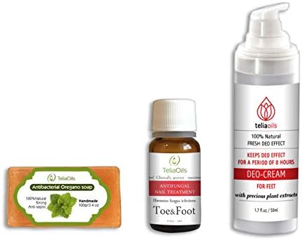 Antifungal Foot Treatment Set By Teliaoils: Oregano Oil Blend For Toenail Fungus, Antibacterial Oregano Soap Bar & Foot Deodorant Cream- 100% Natural Treatment For Athlete’s Foot, Ringworm & Jock Itch