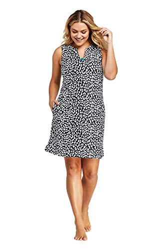 Lands' End Women's Plus Size Cotton Jersey Sleeveless Swim Cover-up Dress Print 2X Black Snow Leopard