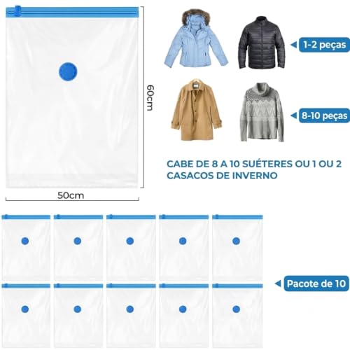 Kit 10 Sacos a Vácuo para Roupas 50x60cm com Bomba Manual — Saco Organizador a Vácuo Reutilizável e Impermeável para Viagem, Mala, Edredom e Armazenamento, Economiza até 80% de Espaço