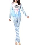 VENTELAN Women Long Sleeve Teddy Bear Round Neck Pajamas Set Striped Sleepwear