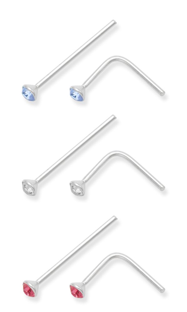 Pack of 6 Sterling Silver Cubic Zirconia Nose studs - Bend to fit - SIZE: TINY - 1.5mm - Single studs - no butterfly back. 5510CZ/LB/PCZ. Gift boxed