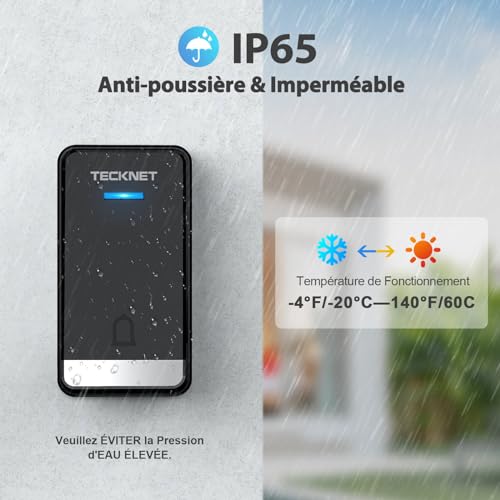 TECKNET 400M Wireless Doorbell Waterproof IP65 Kit of 1 Chime and 2 Plug-in Receiver with Charging Function and LED Light, 60 Melodies 5 Level Volumes, for Home, Office - Black