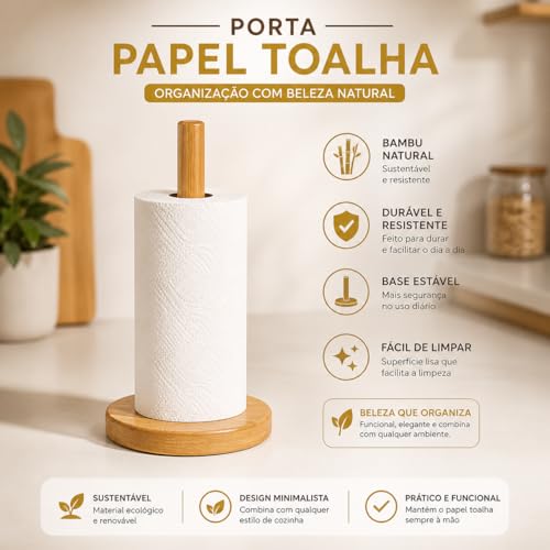 Suporte Porta Papel Toalha de Bambu Natural Cozinha Vertical 28cm - Premium