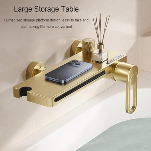SWHC Bath Faucet with Shower, Waterfall Bath Mixer Tap Hot or Cold Shower Tap Wall Mounted Brushed Gold Bathroom Bath Tap Brass