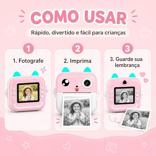 Câmera Infantil Digital Instantânea com Impressão Térmica (Rosa)