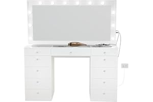 Boahaus Orla Extra-Large Makeup Vanity, White Vanity Mirror with Lights Built-in, Makeup Vanity with Lights, 11 Drawers, Power Outlet, Crystal Ball Knobs