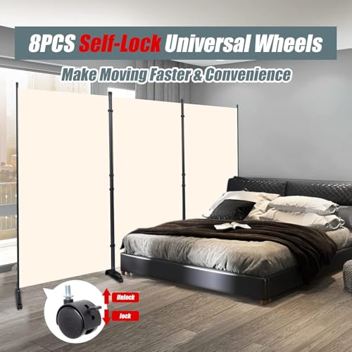 Room Divider Folding Privacy Screens with Wheels, 6FT Tall Divider for Room Separation, 3 Panel Movable Room Partitons, Indoor Room Dividers Panel with Non-See Through Fabric for Office (White)