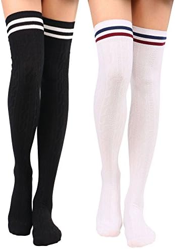 Women's Thigh High Cable Knit Striped Winter Socks – 1-3 Packs
