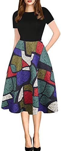 YISHIWEI Women's Pocket Vintage Patchwork Flowers Casual Party Flared Dress