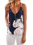 WLLW Women Spaghetti Strap Front Zipper Floral Print Shirt Tops Tanks Camis, Navy, Medium