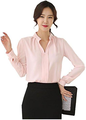MENO Women's Casual Long Sleeves V-neck Shirts Lady Chiffon Tops Blouses (XL, Beige)